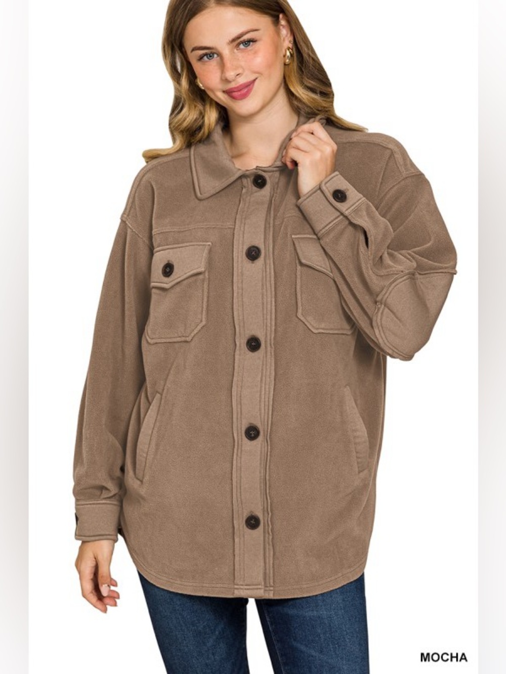 Zenana Oversized Basic Fleece Shacket Mocha